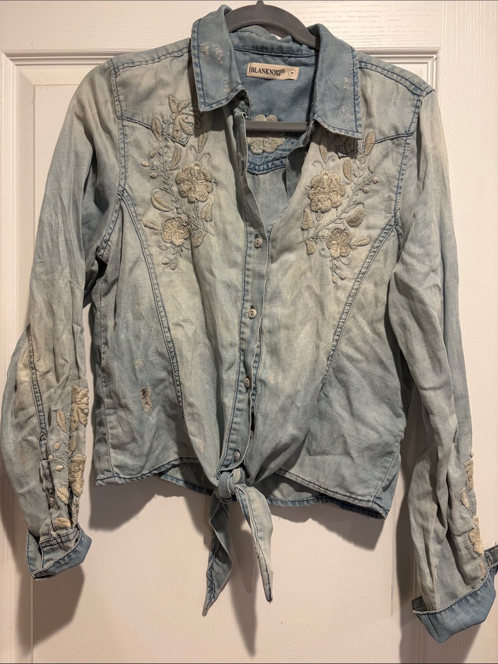 Blank NYC Light Wash Embroidered Tie-Front Denim Jacket